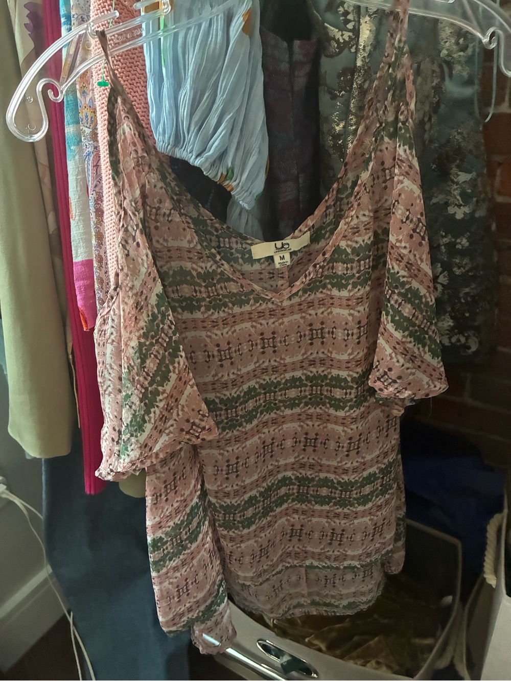 Ya Los Angeles Pink and Olive Printed Cold-Shoulder Top